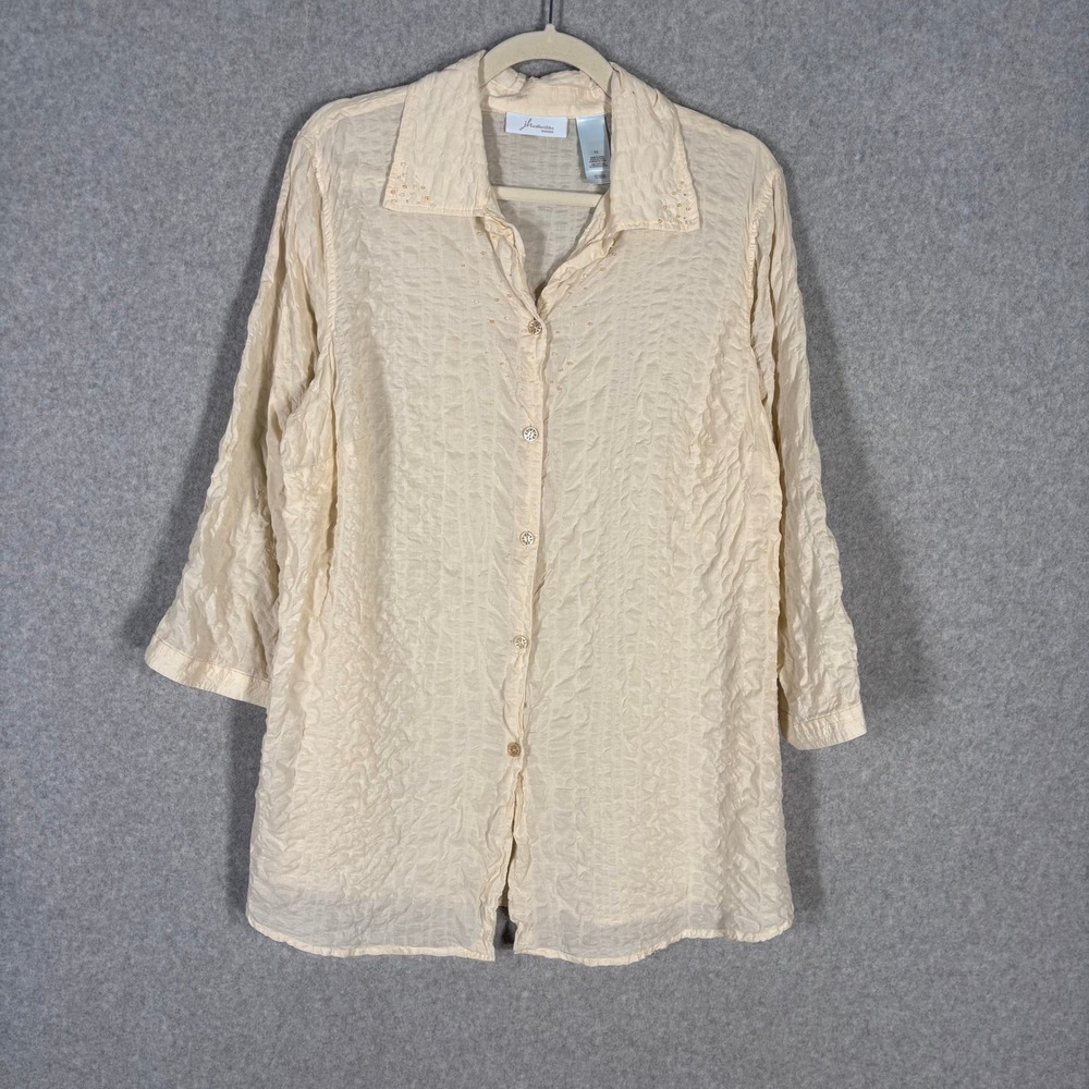 JH Collectibles 1X Blouse Cream Crinkle Embellished‎ 100% Cotton Coastal Grandma